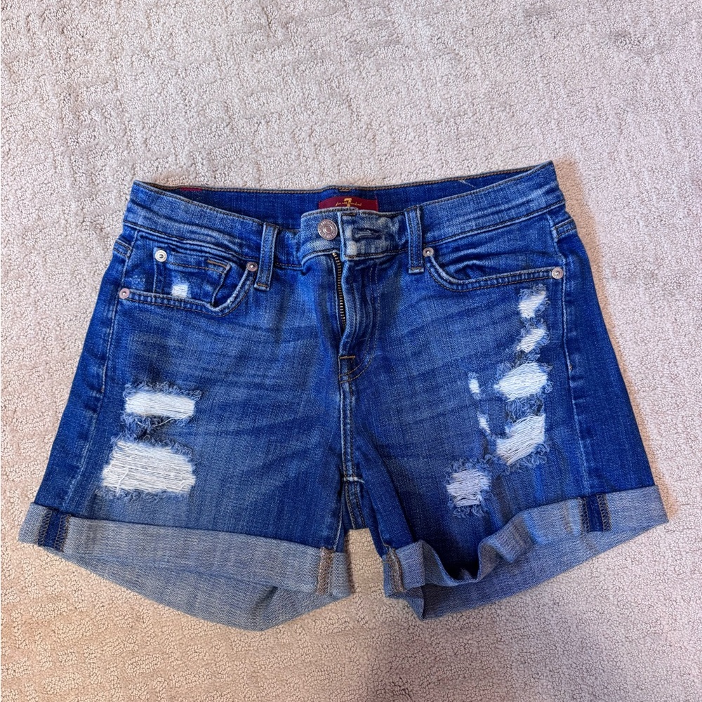 7 For All Mankind Blue Distressed Cuffed Denim Shorts